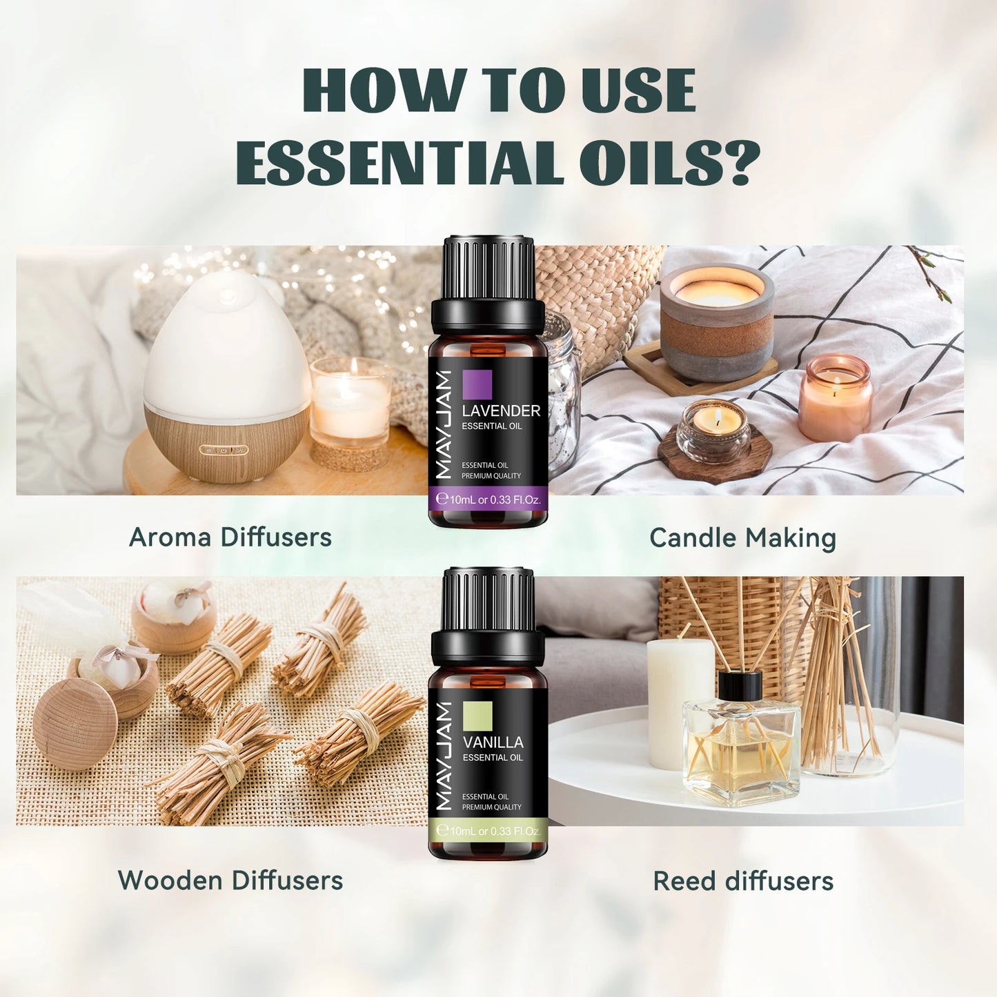 MAYJAM 10ML Essential Oil Lavender Jasmine Eucalyptus Vanilla Sandalwood Bergamot Rosemary Citronella Cinnamon Fragrance Oil