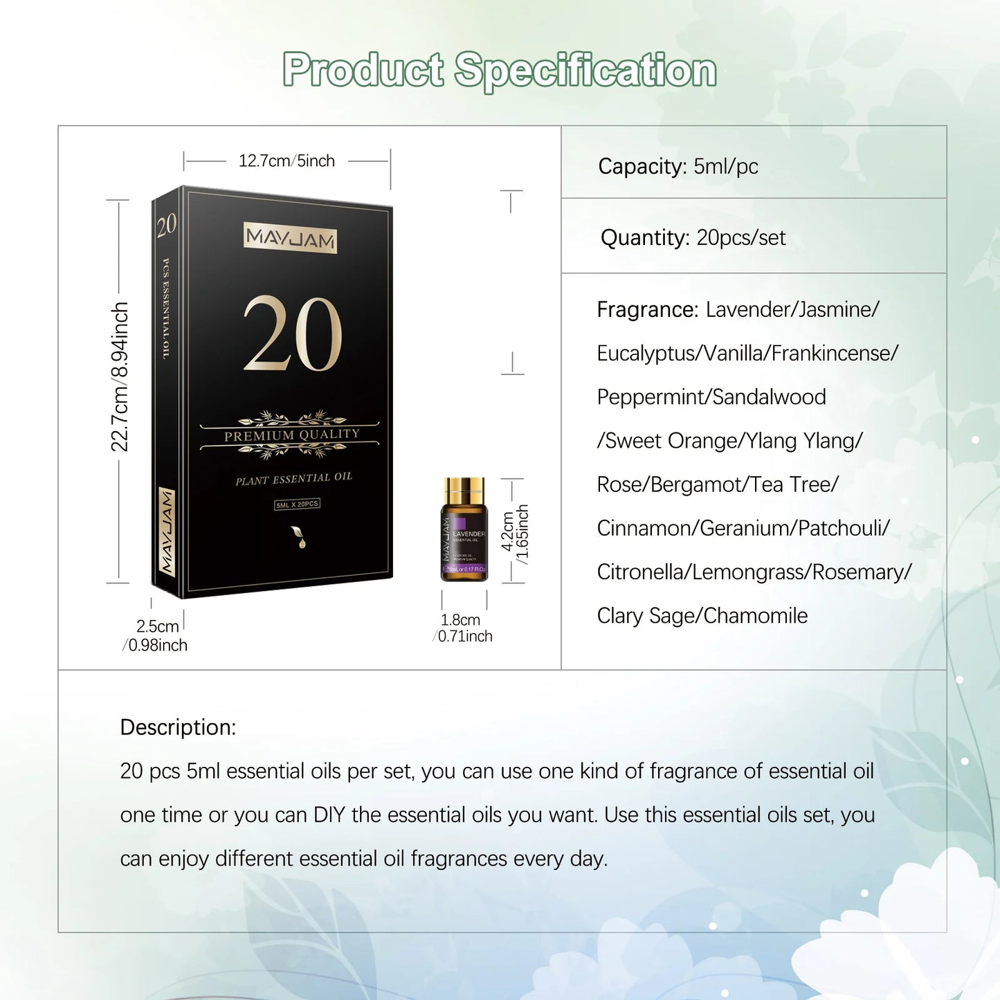 MAYJAM 20pcs/set Essential Oils Gift Box for Reed Diffuser Humidifier Burner Making Perfume Candle,Lavender Jasmine Eucalyptus Vanilla Frankincense Peppermint Sandalwood Sweet Orange Ylang Ylang Rose Bergamot Tea Tree Cinnamo