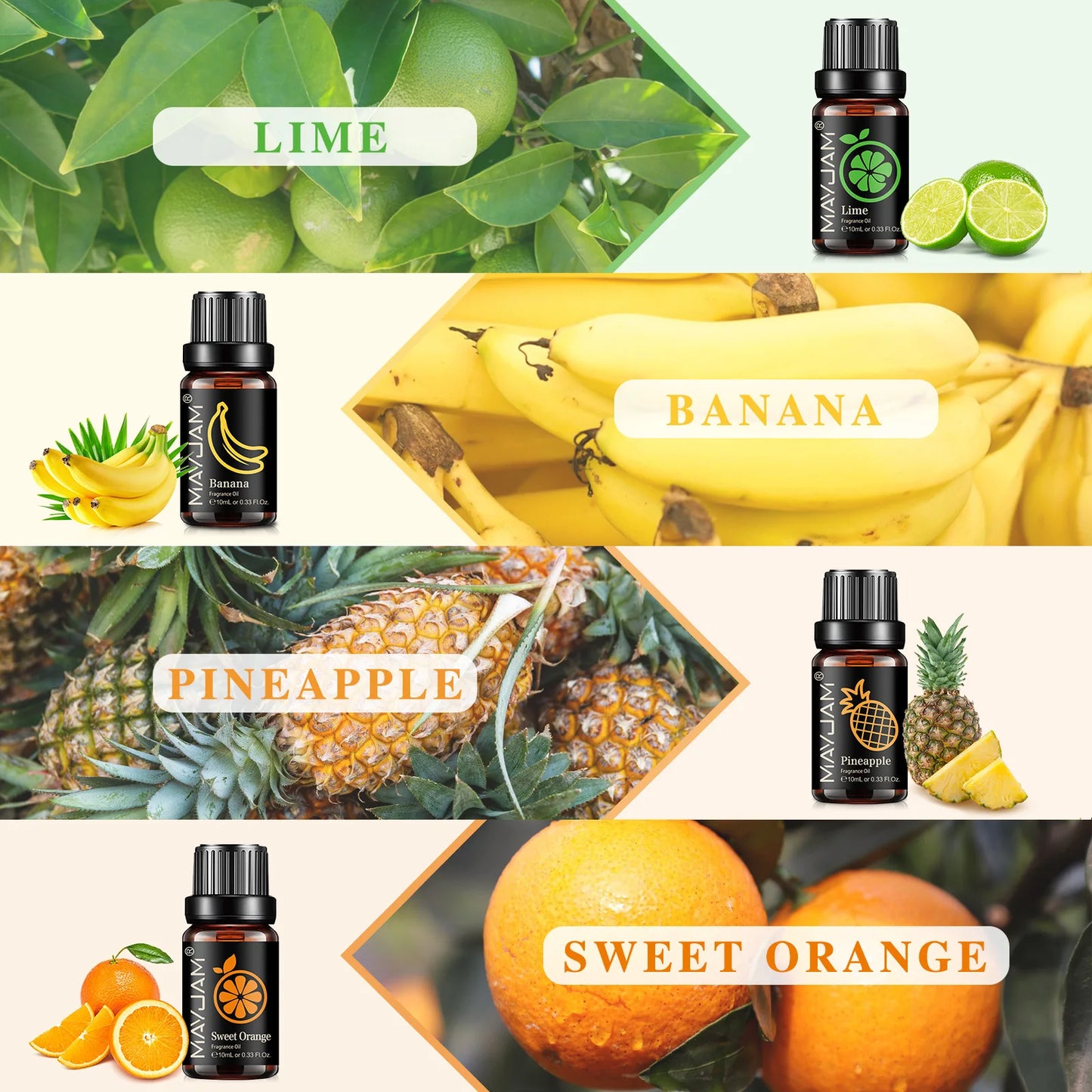 MAYJAM 8pcs/set Fruit Fragrance Oils Strawberry Mango Banana Sweet Orange Papaya Lime Pineapple Passion Fruit Aroma Oil