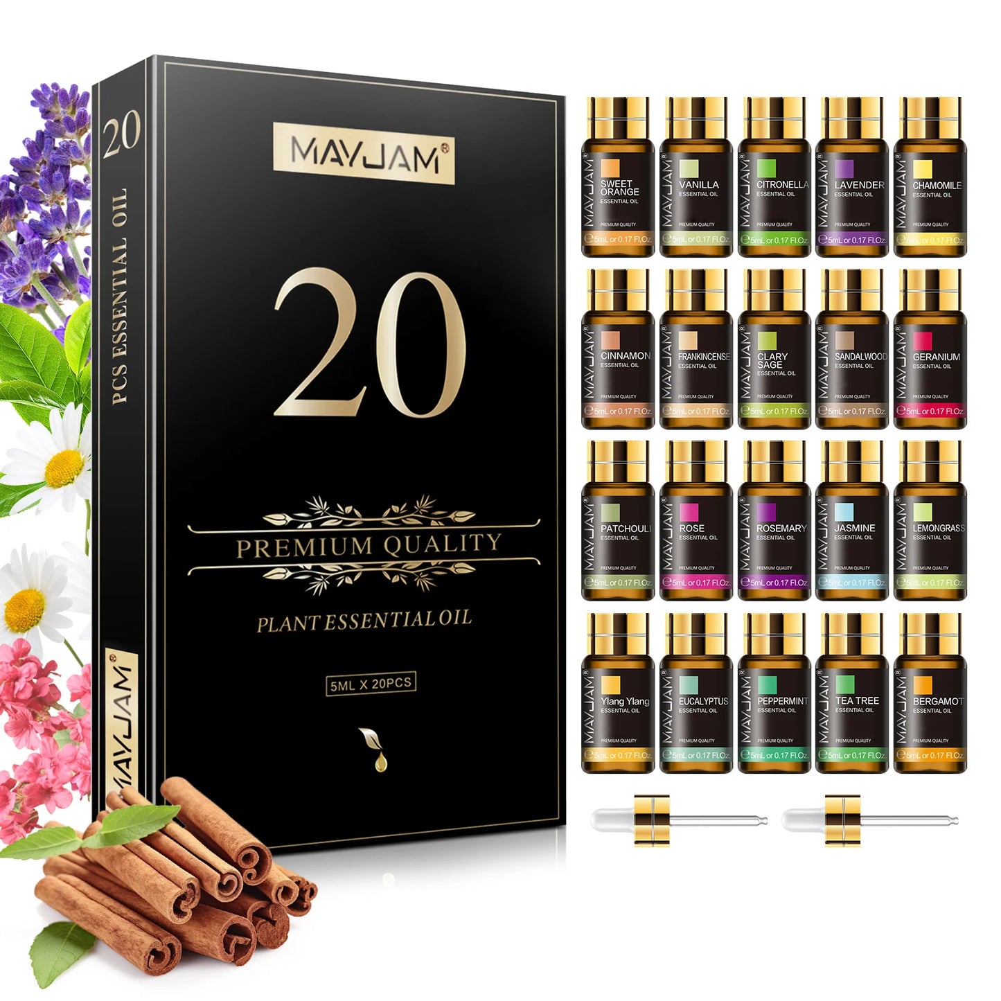 MAYJAM 20pcs/set Essential Oils Gift Box for Reed Diffuser Humidifier Burner Making Perfume Candle,Lavender Jasmine Eucalyptus Vanilla Frankincense Peppermint Sandalwood Sweet Orange Ylang Ylang Rose Bergamot Tea Tree Cinnamo